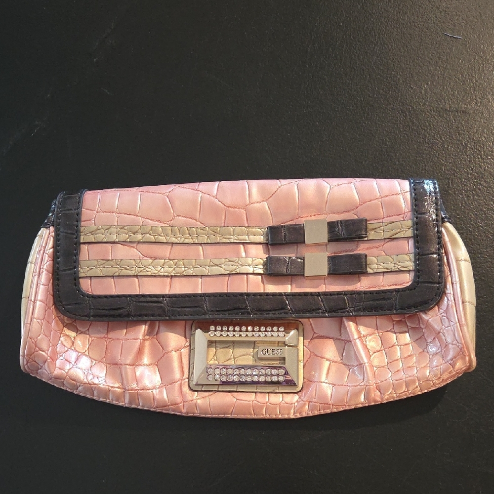 Guess Pink and Black Croc-Pattern Clutch